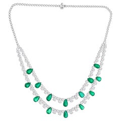 Pear Shape Zambian Emerald Gemstone Necklace SI/H Diamond 14k Gold HRD Certified