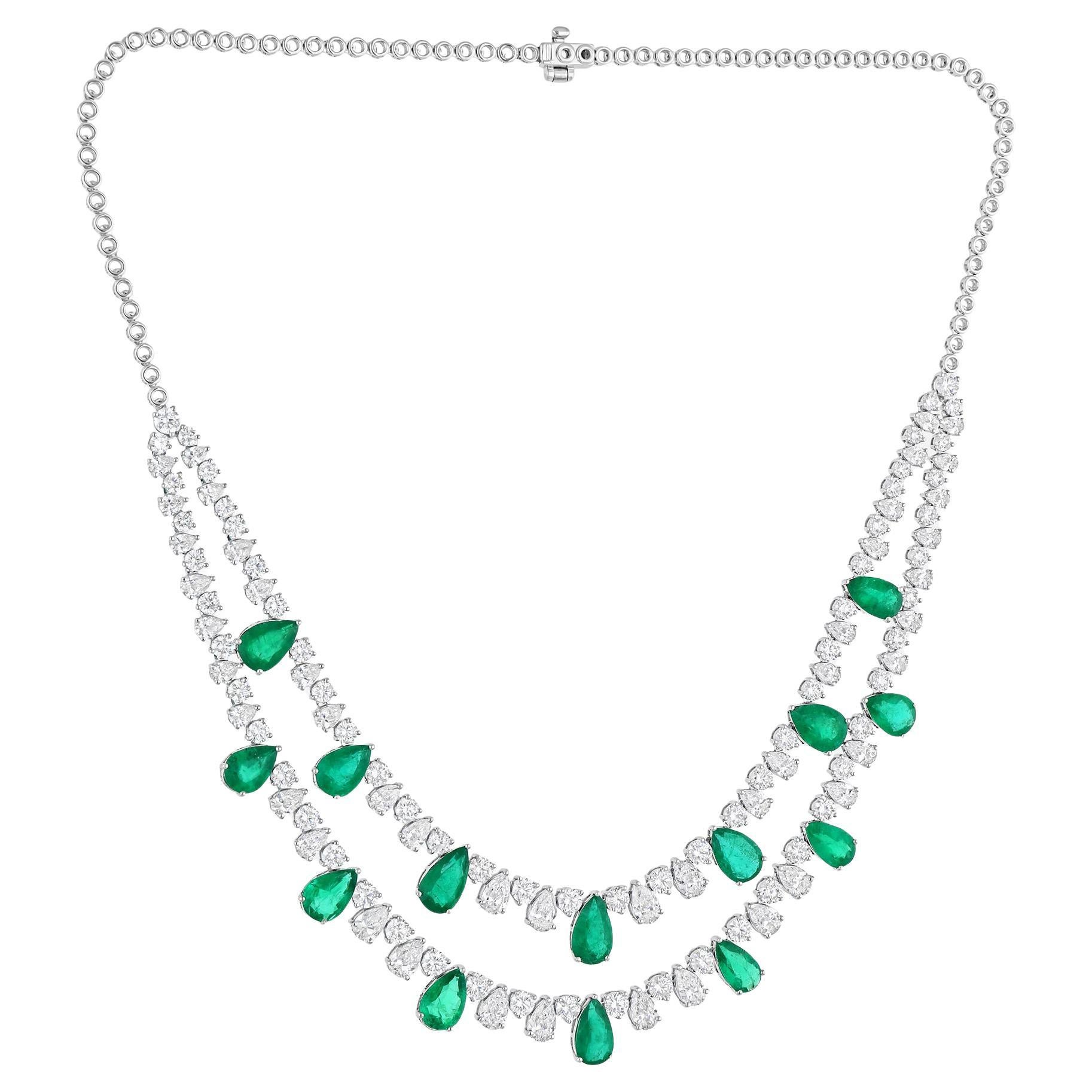 Pear Shape Zambian Emerald Gemstone Necklace SI/H Diamond 18k Gold HRD Certified For Sale