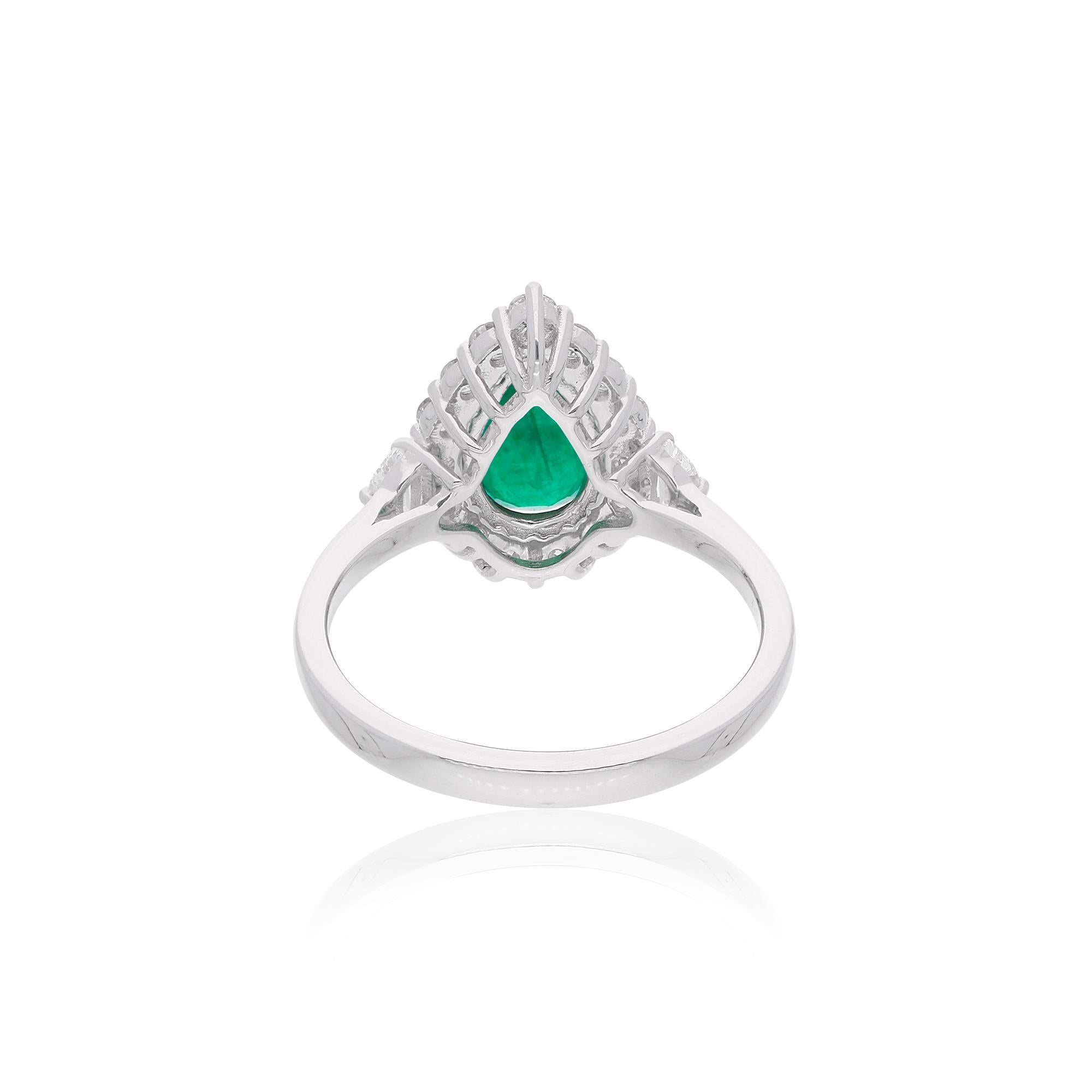 Modern Pear Shape Natural Emerald Gemstone Ring Diamond 18 Karat White Gold Jewelry For Sale
