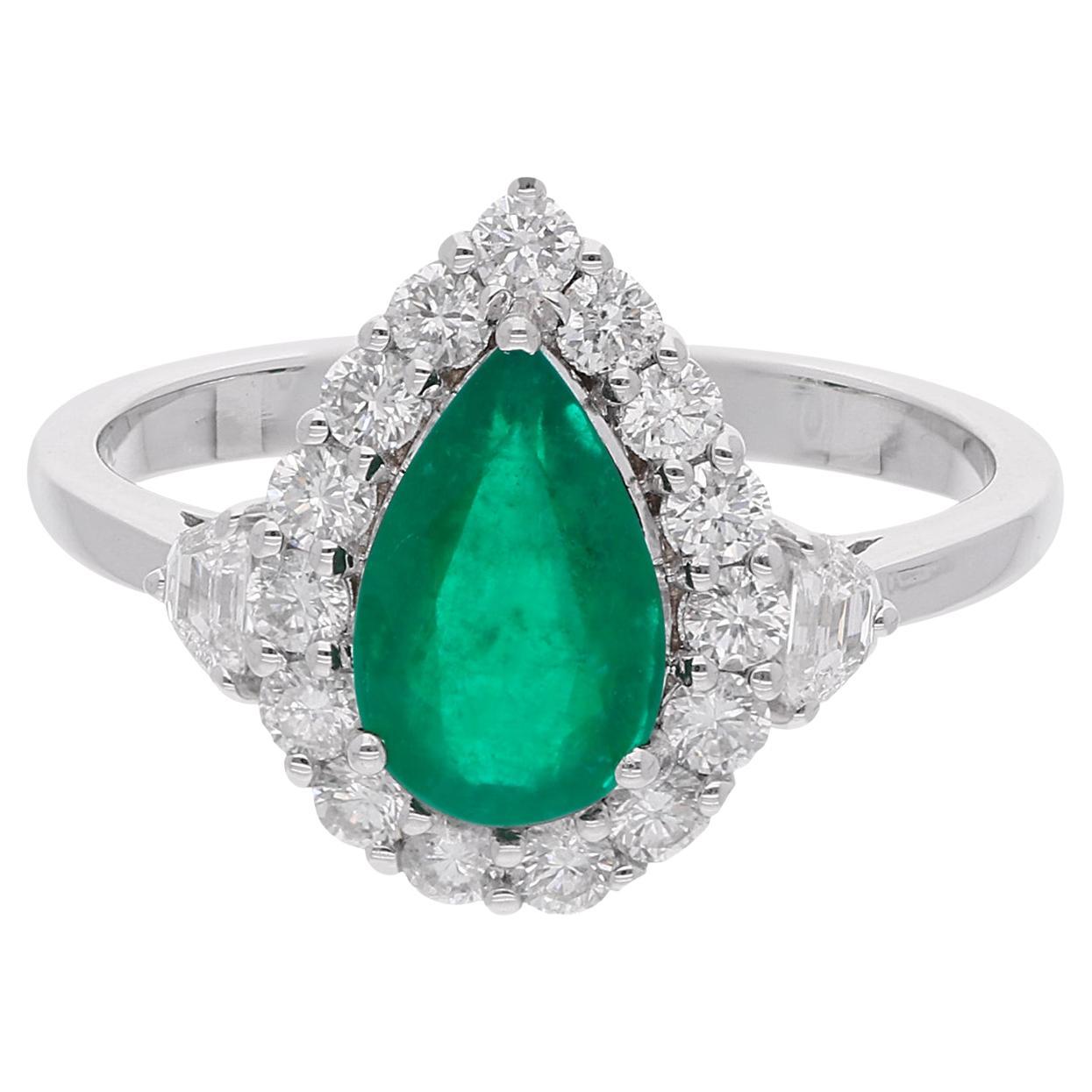 Pear Shape Natural Emerald Gemstone Ring Diamond 18 Karat White Gold Jewelry For Sale