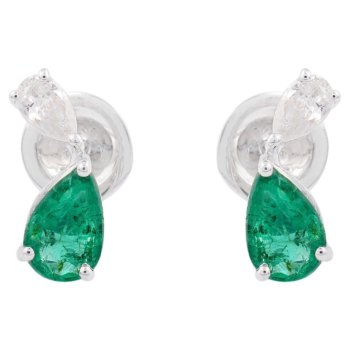 Pear Shape Natural Emerald Gemstone Stud Earrings SI/HI Diamond 18k White Gold For Sale