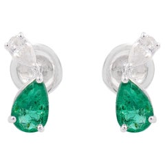 Pear Shape Natural Emerald Gemstone Stud Earrings SI/HI Diamond 18k White Gold