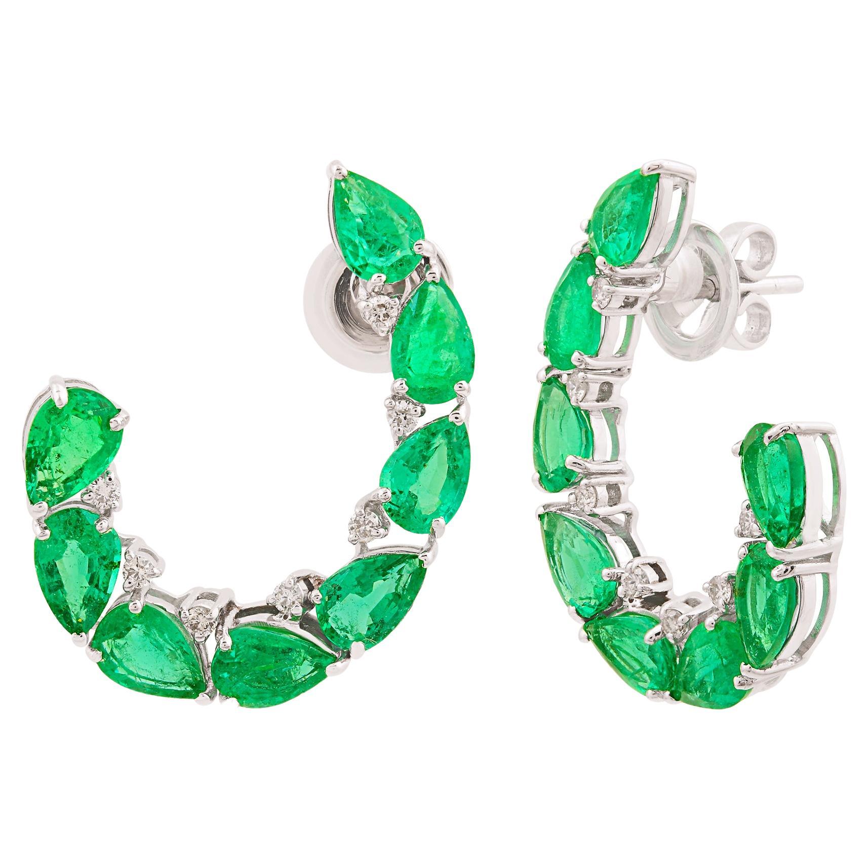Pear Shape Natural Emerald Stud Earrings Diamond Solid 18k White Gold Jewelry