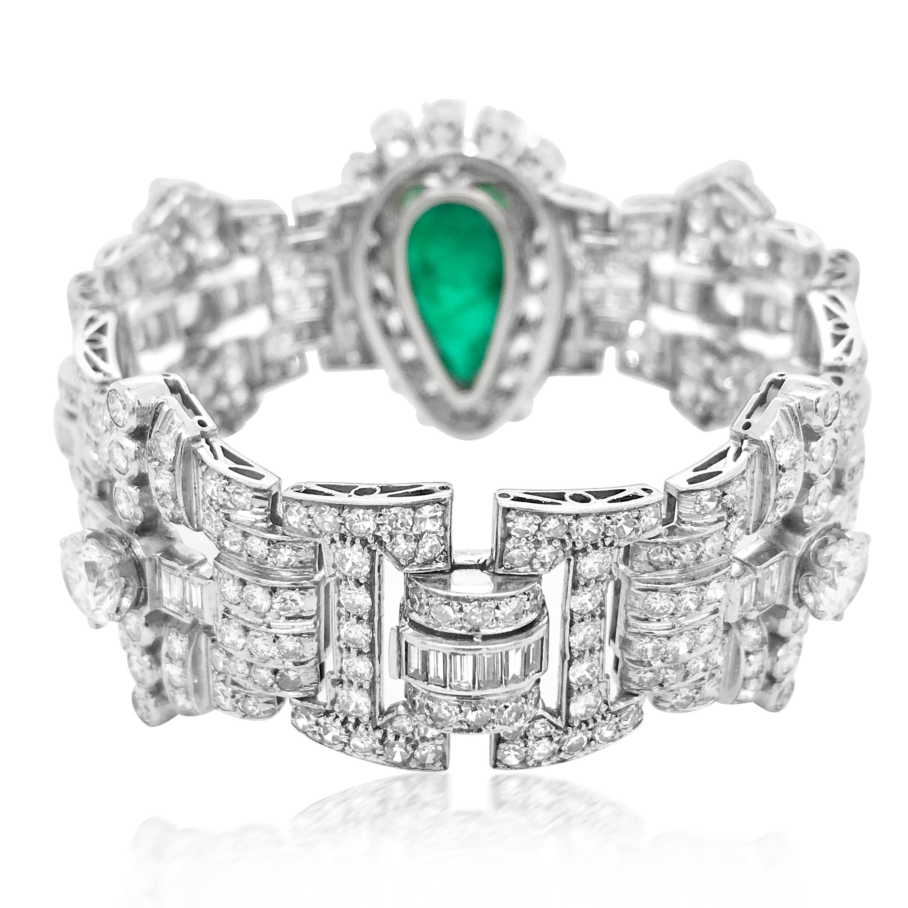 Retro Pear-Shaped 23 Carat Emerald Bracelet, Platinum and Diamond, Clerc For Sale
