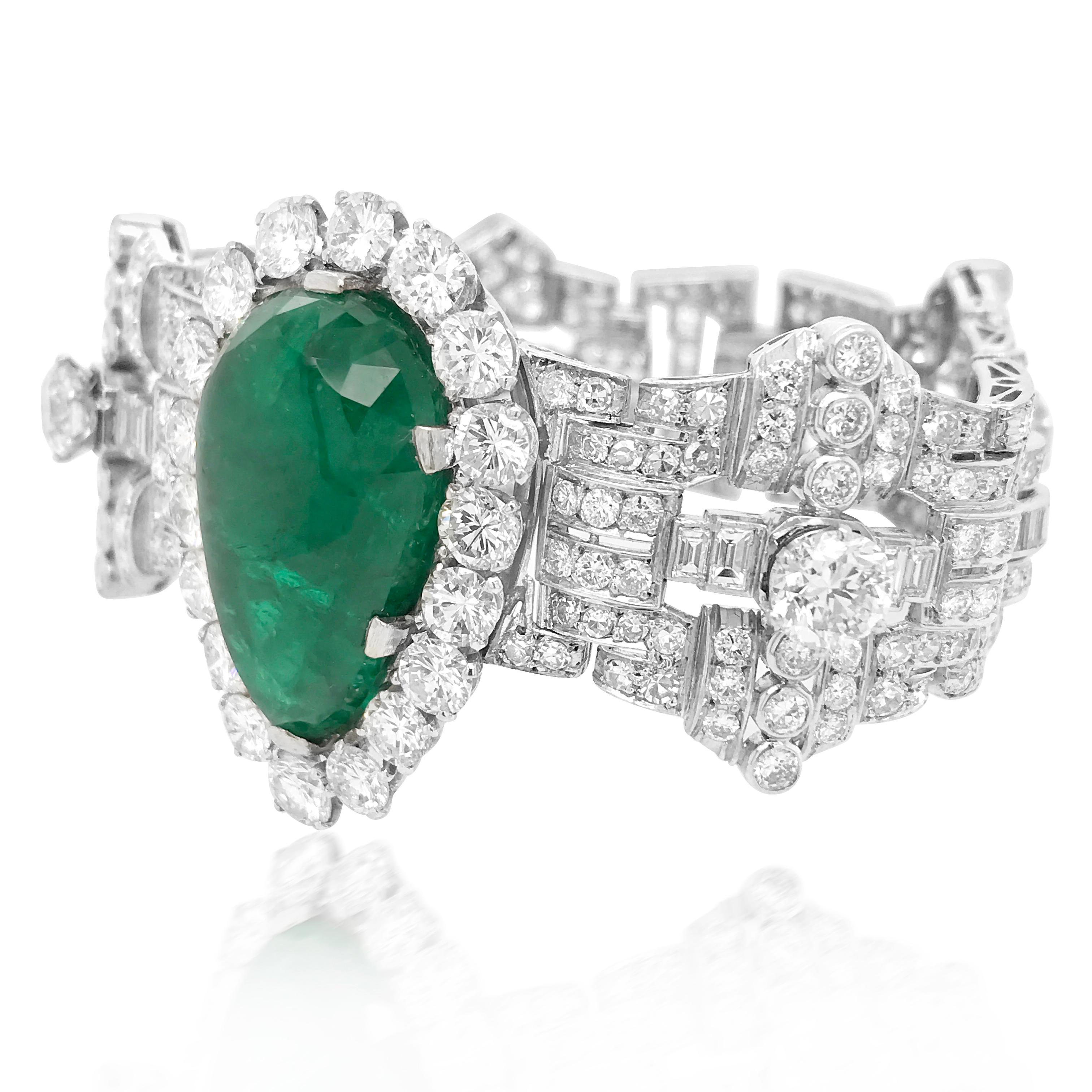 Pear Cut Pear-Shaped 23 Carat Emerald Bracelet, Platinum and Diamond, Clerc For Sale