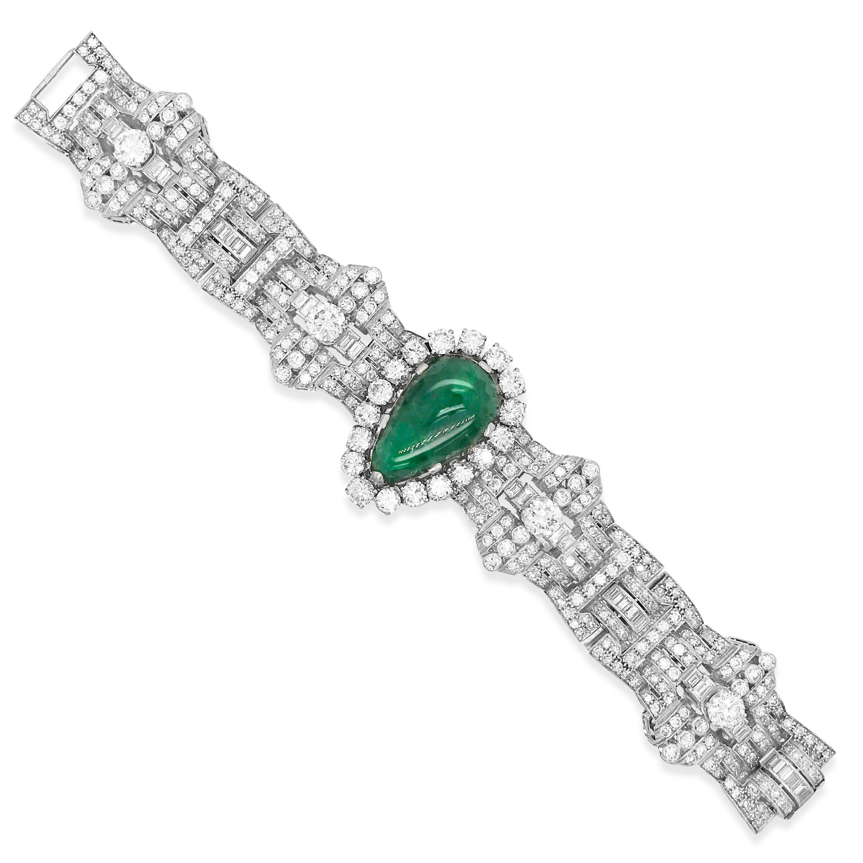 Women's Pear-Shaped 23 Carat Emerald Bracelet, Platinum and Diamond, Clerc For Sale
