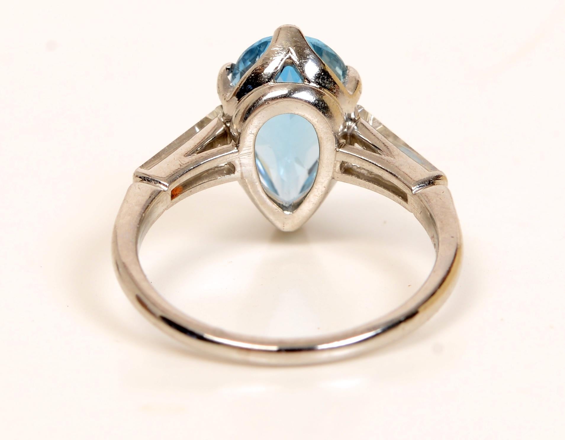 Pear Cut Pear Shaped 2.73 Carat Aquamarine & Diamond Ring by Black Star & Gorham,  c1950 For Sale