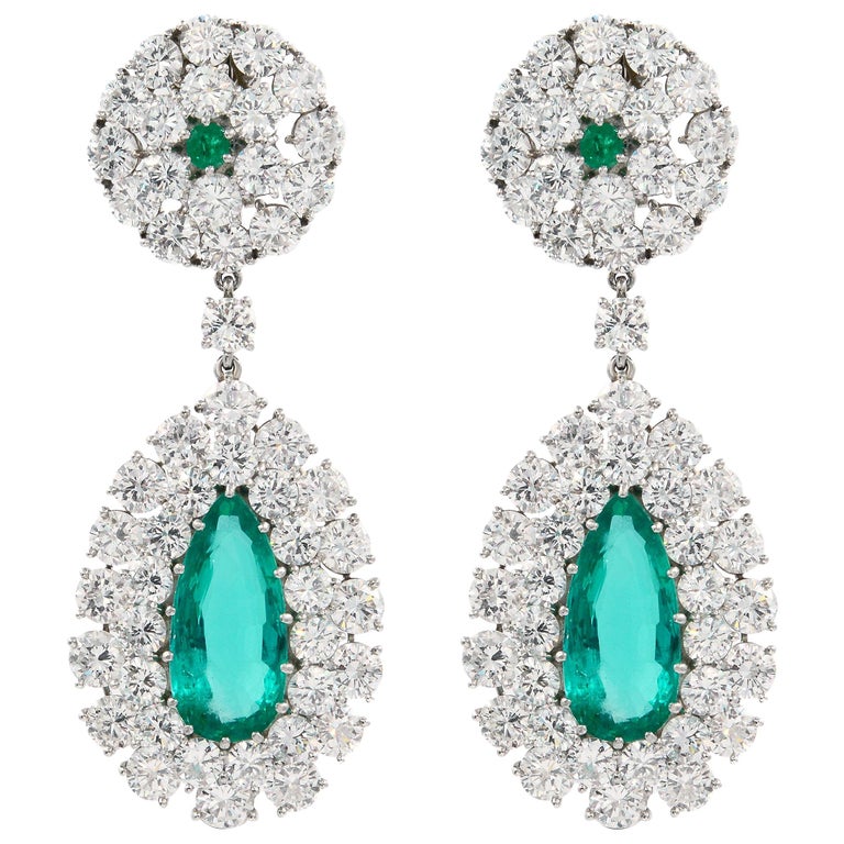 Pear Shaped 6 Carat Emerald and Diamond Drop Dangling Chandelier ...