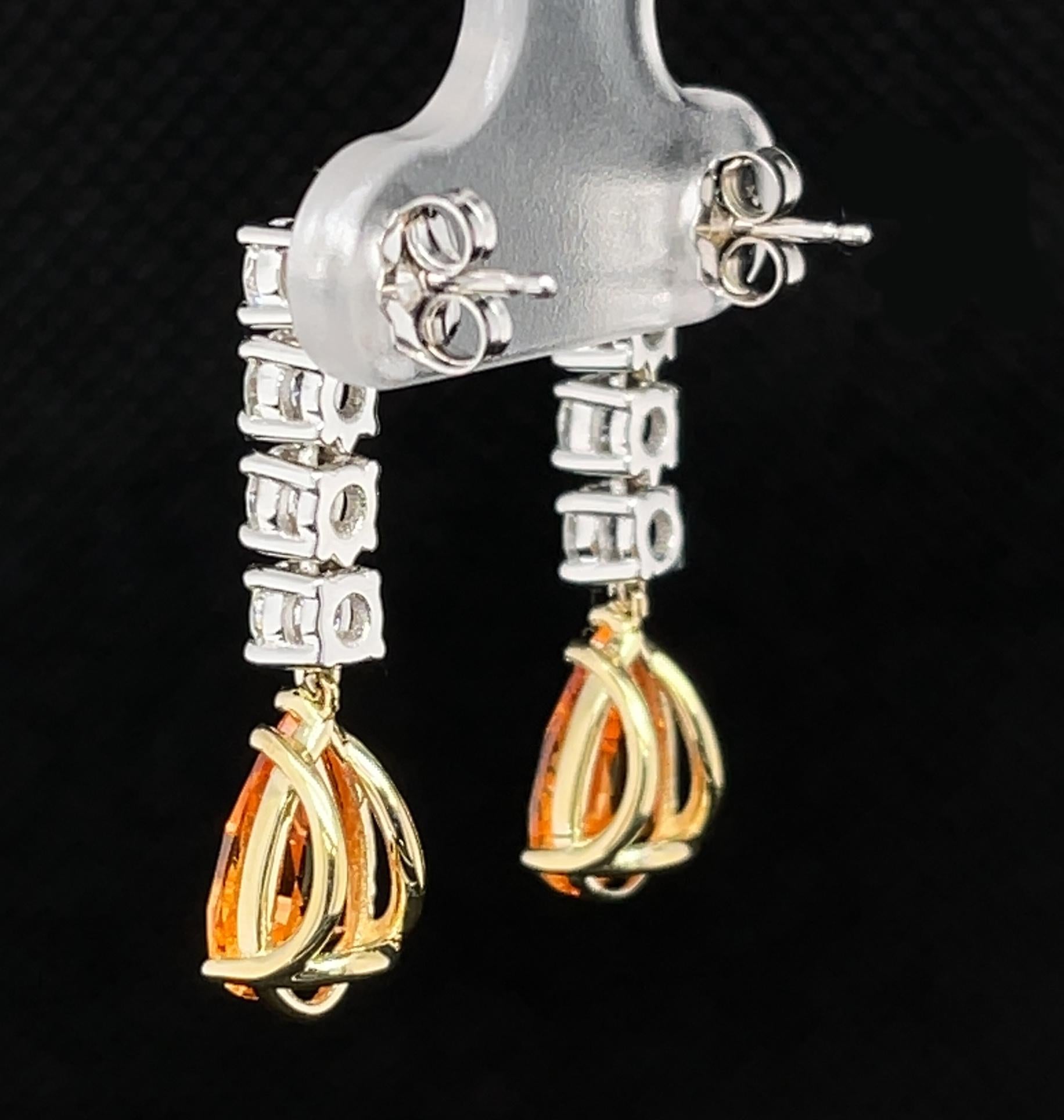 Artisan African Spessartite Garnet and Diamond Dangle Earrings in White and Yellow Gold  For Sale