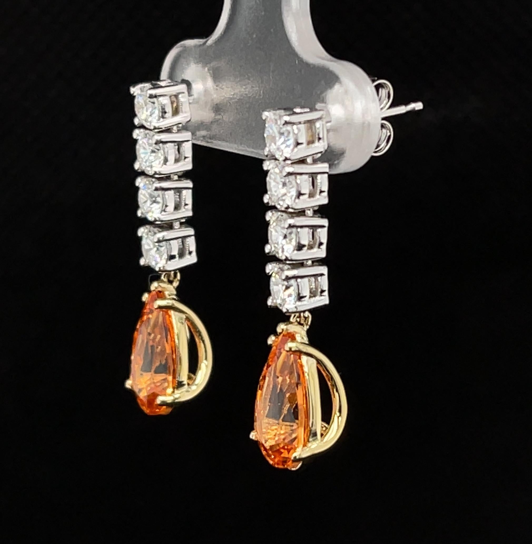 Pear Cut African Spessartite Garnet and Diamond Dangle Earrings in White and Yellow Gold  For Sale
