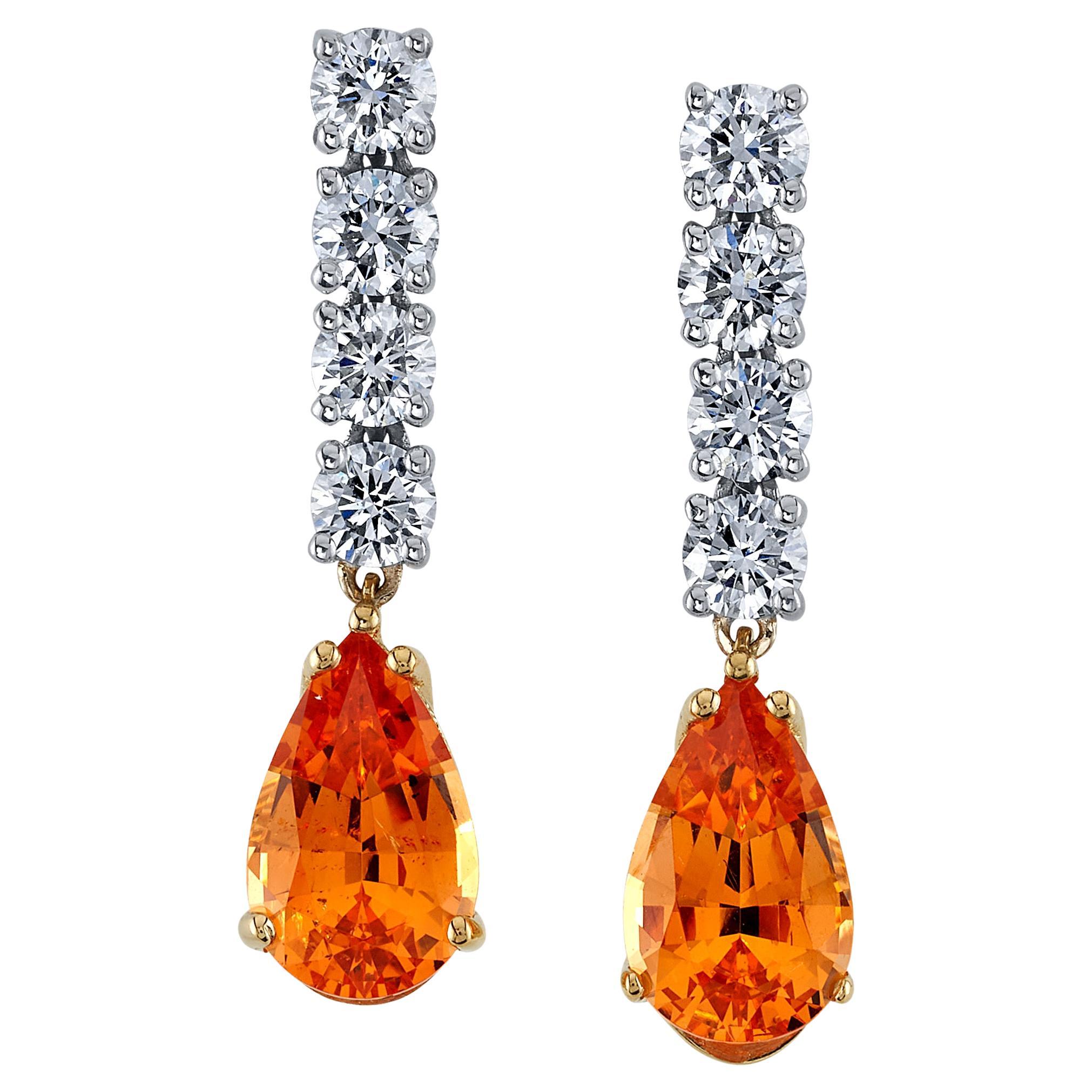 African Spessartite Garnet and Diamond Dangle Earrings in White and Yellow Gold 