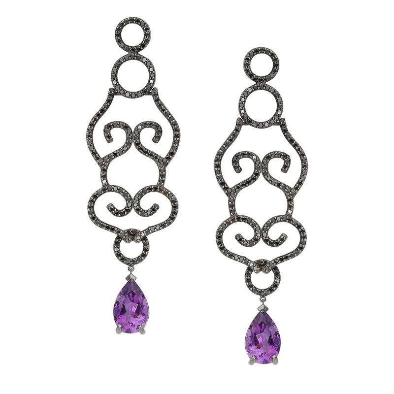14k White Gold Black Rhodium with Black Diamonds & Pear Shaped Amethyst .20tw
Available in Rose White Yellow Gold and a variety shapes of Colored Stones and Diamonds
Hoops Sold Separately

I was inspired by the iron fencing while on a tour in the