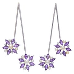 Pear Shaped Amethyst & Natural Pearl Buttons Earrings in 18kt White Gold