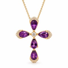 Birnenförmiger Amethysten-Anhänger mit Blumenkreuz Silber, Gold