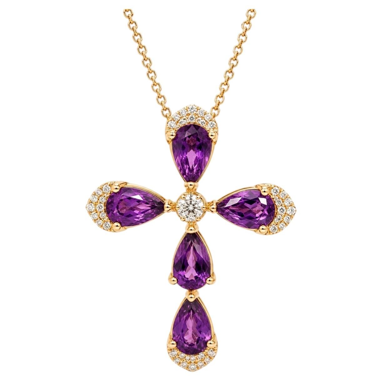 Birnenförmiger Amethysten-Anhänger mit Blumenkreuz Silber, Gold