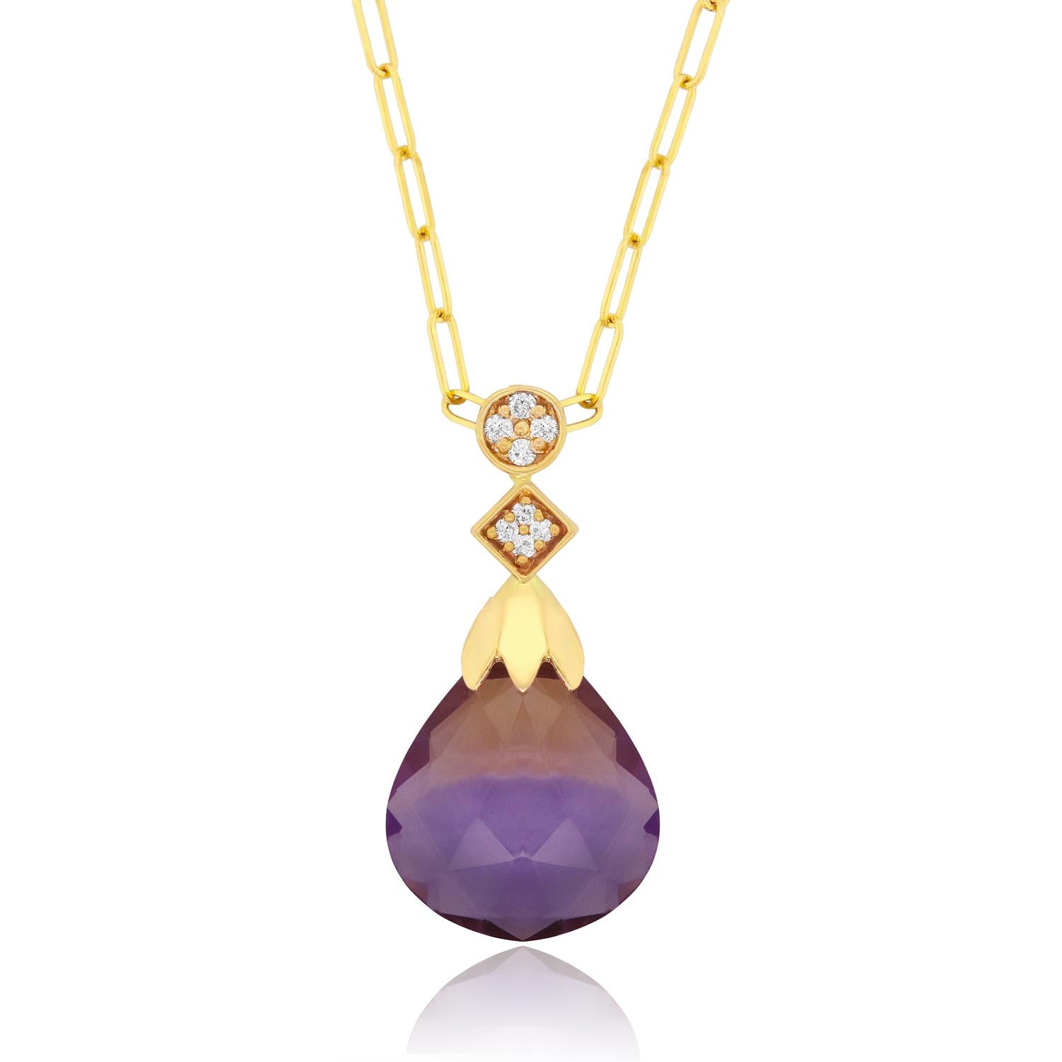 Contemporary Pear Shaped Ametrine Diamond 14K Yellow Gold Paperclip Chain Pendant Necklace For Sale
