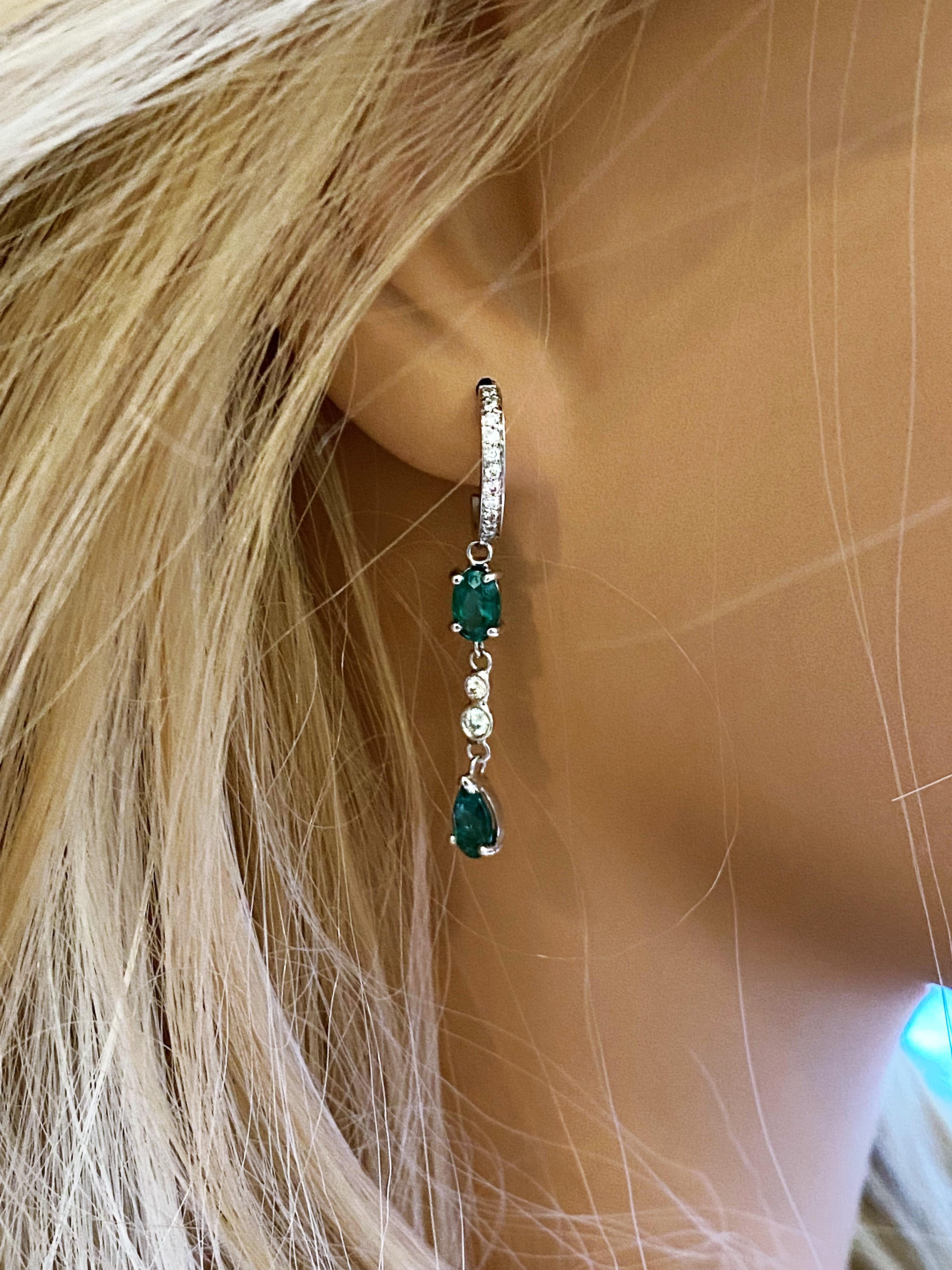 Pear Cut Pear Shaped and Oval Shaped Emerald Diamond Hoop Gold Drop Earrings