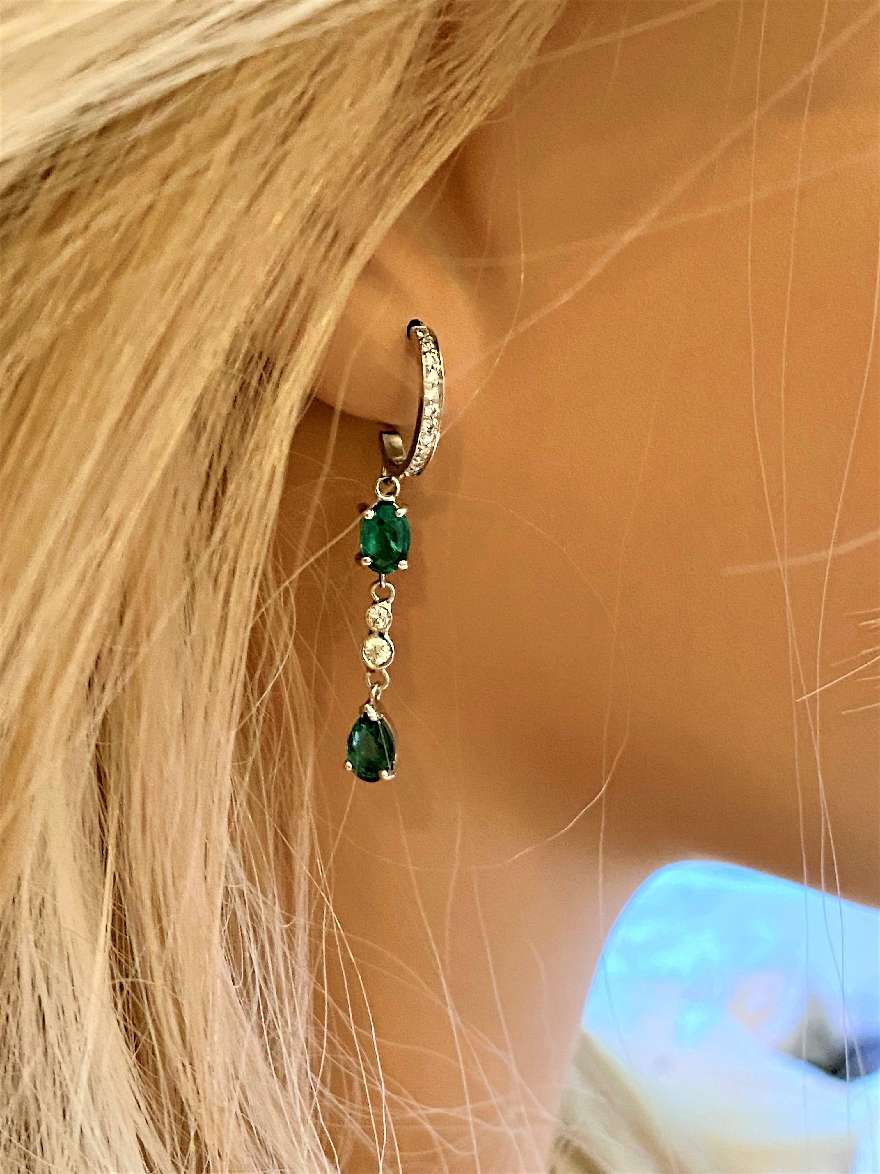 Women's or Men's Pear Shaped and Oval Shaped Emerald Diamond Hoop Gold Drop Earrings