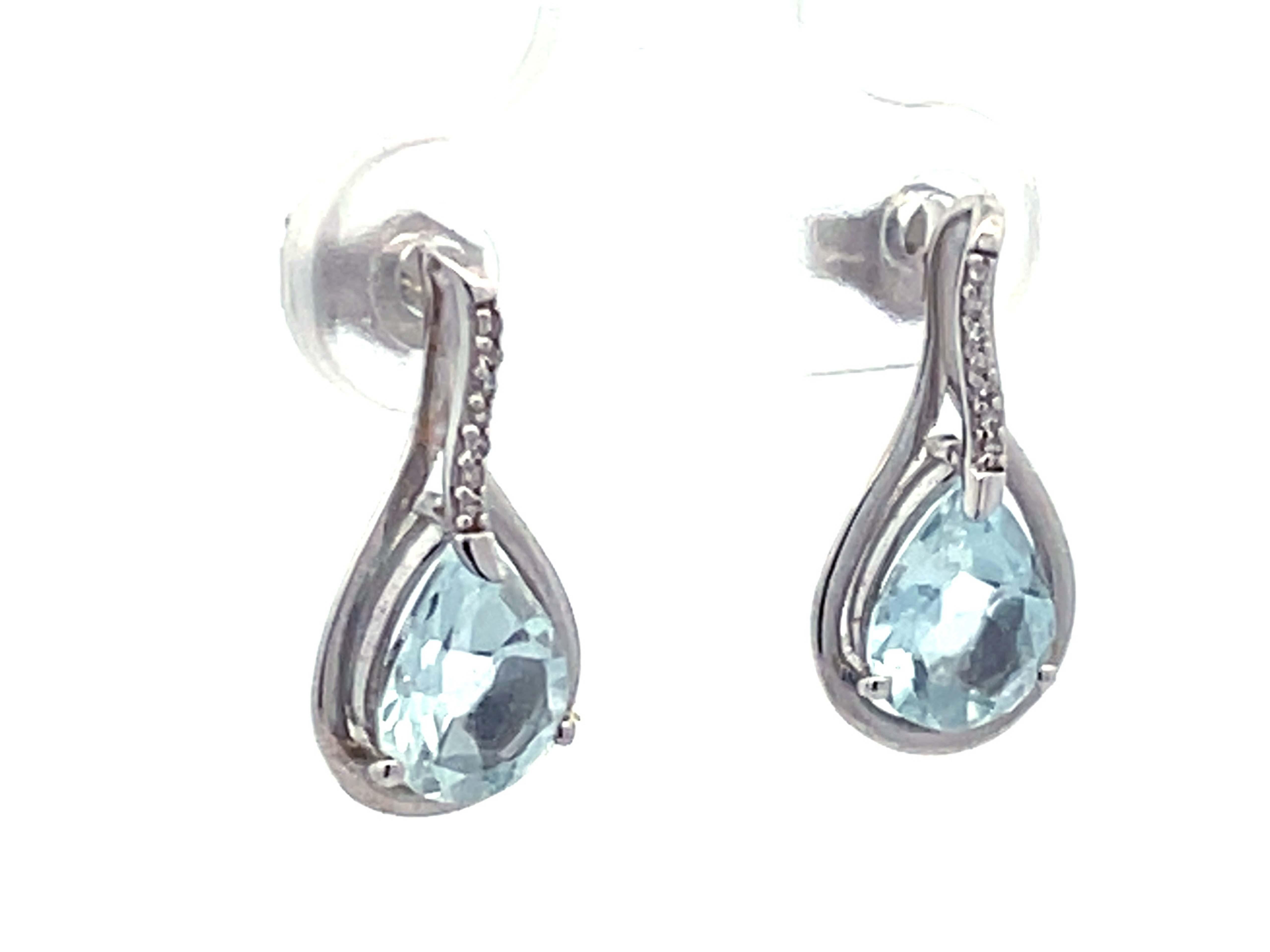 Briolette Cut Pear Shaped Aquamarine and Diamond Drop Earrings in 14k White Gold  For Sale