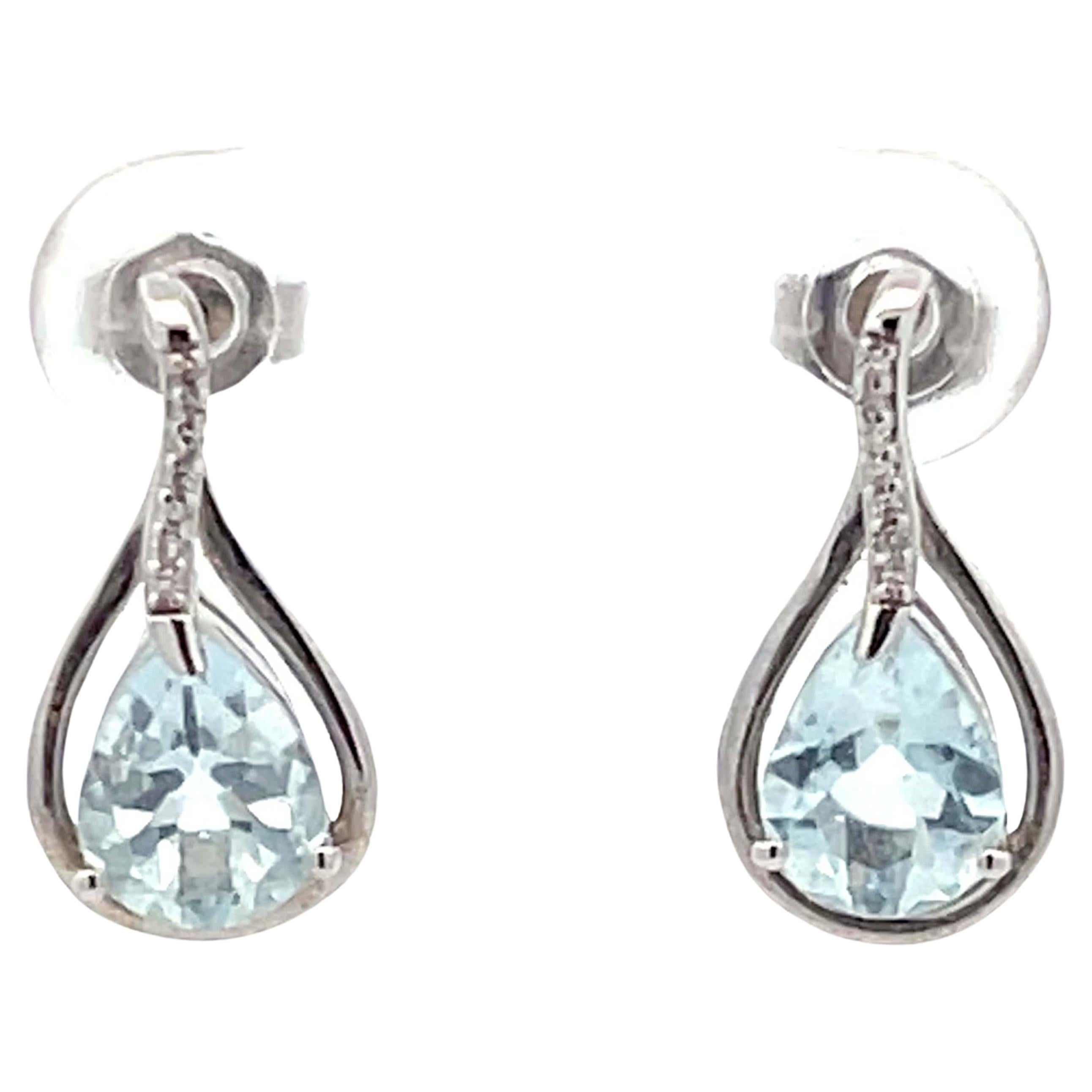 Pear Shaped Aquamarine and Diamond Drop Earrings in 14k White Gold 