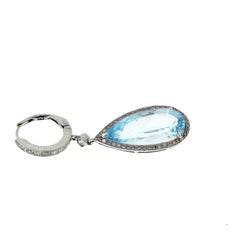 Pear-Shaped Aquamarine and Diamond Halo Drop Dangle White Gold Earrings