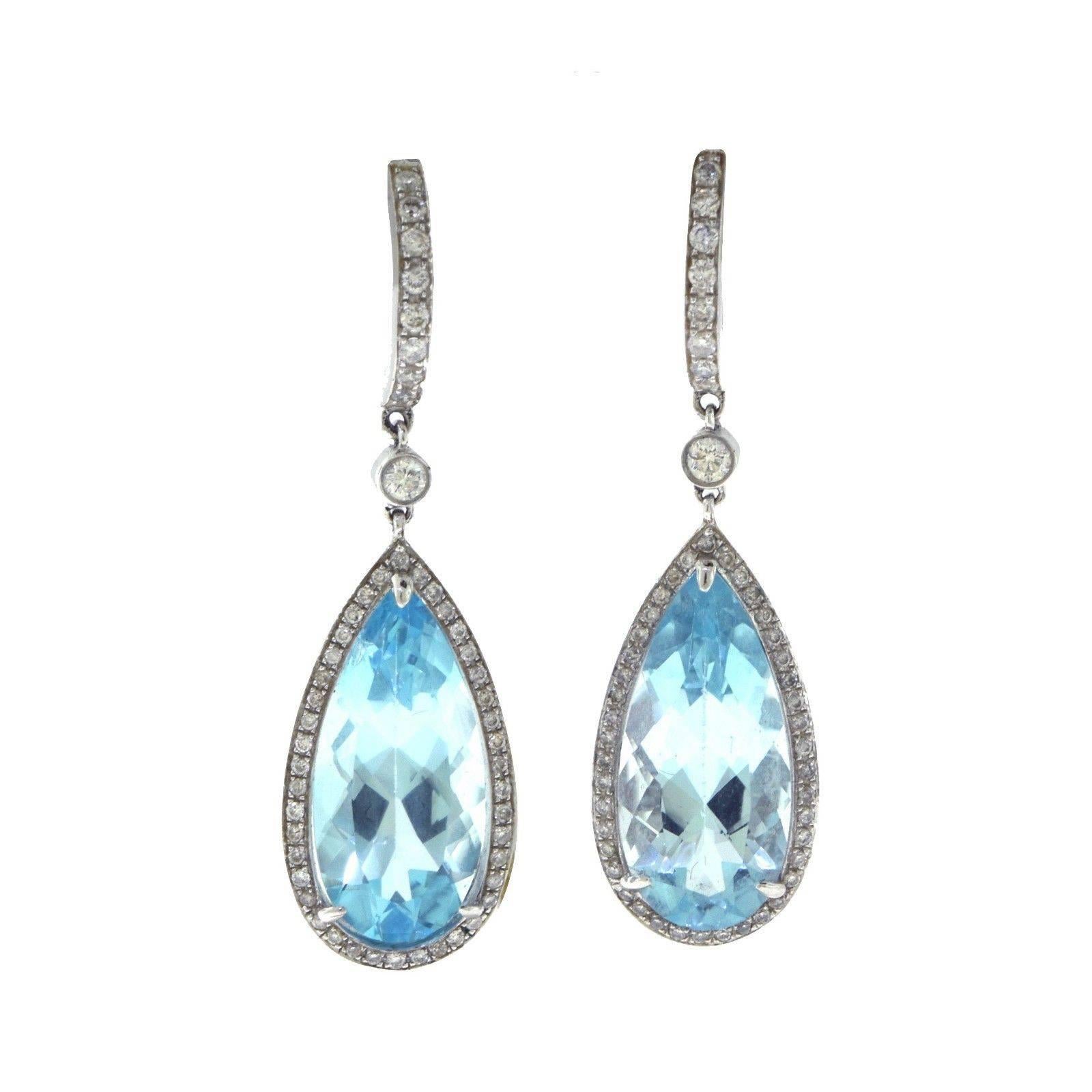 Pear-Shaped Aquamarine and Diamond Halo Drop Dangle White Gold Earrings For Sale