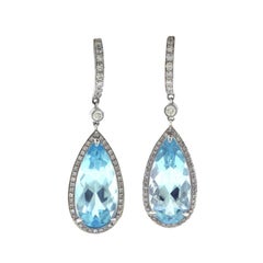 Pear-Shaped Aquamarine and Diamond Halo Drop Dangle White Gold Earrings