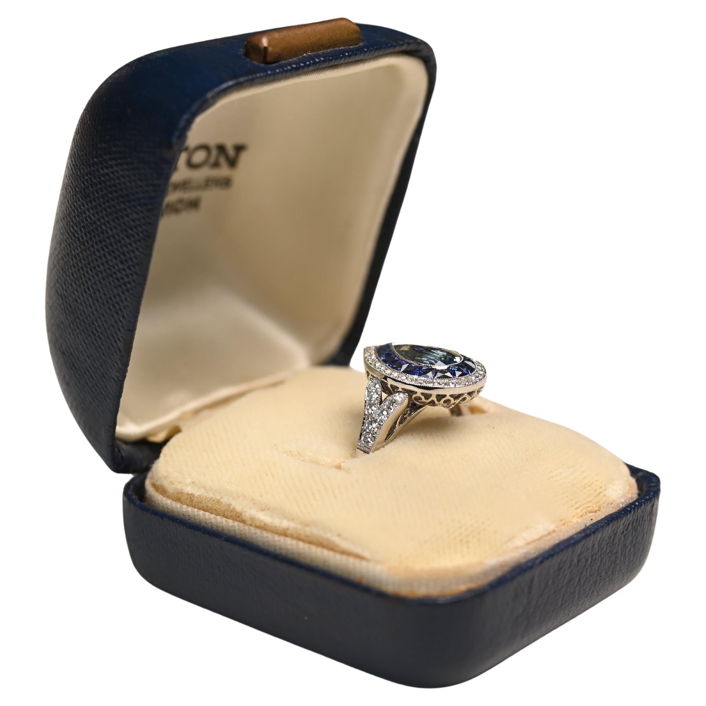 Pear Shaped Aquamarine (Approx 0.90-Carats) Double Halo Bezel-Set Ring, Platinum For Sale