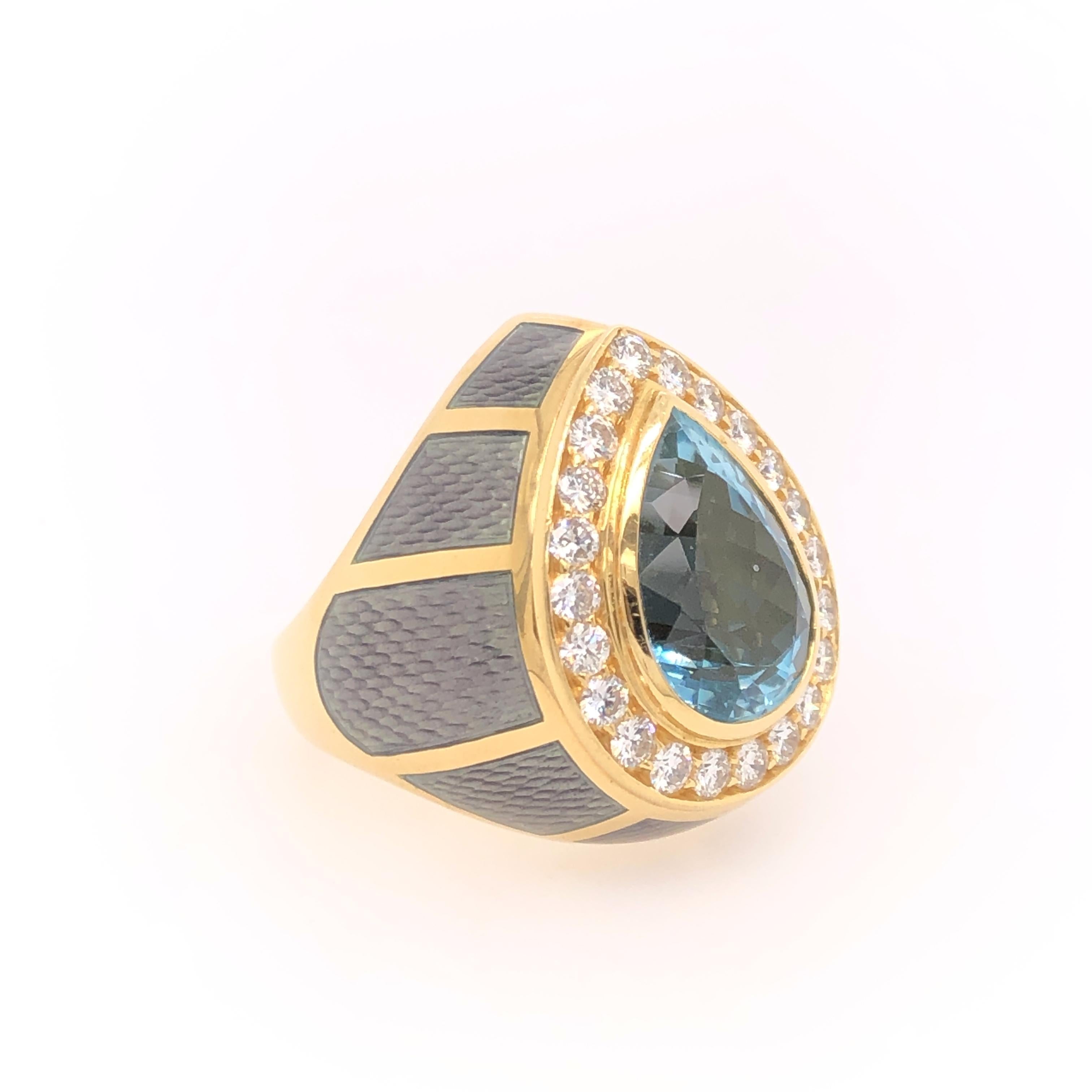 If you are wanting a statement piece, look no further. This 18K yellow gold, aquamarine, diamond, and enamel ring with its substantial designed brilliant sparkle is a sure conversation starter. 

Size: 7.5

Stamped: LDV, 750