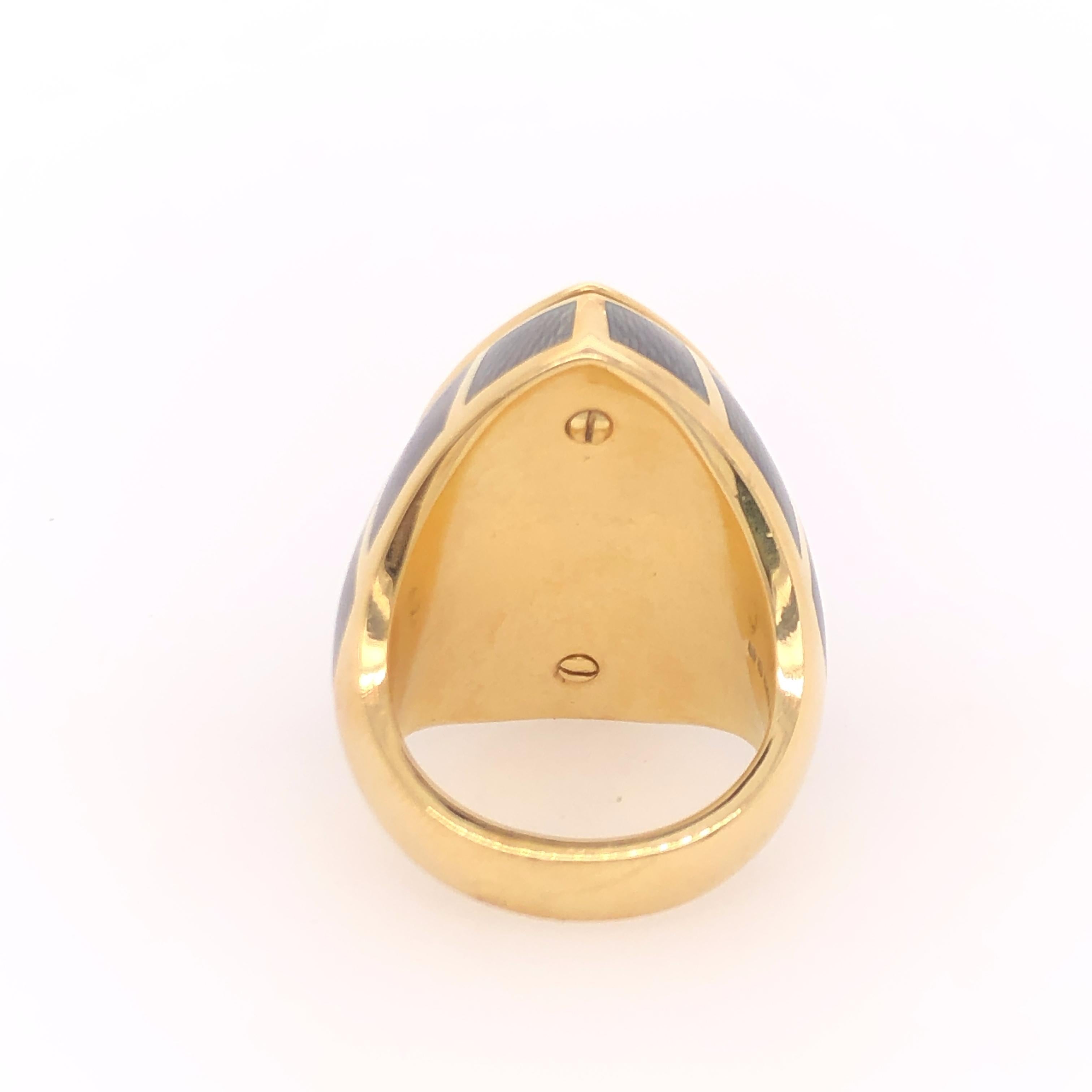 Contemporary DeVroomen Pear Shaped Aquamarine Diamond and Gray Enamel Yellow Gold Ring