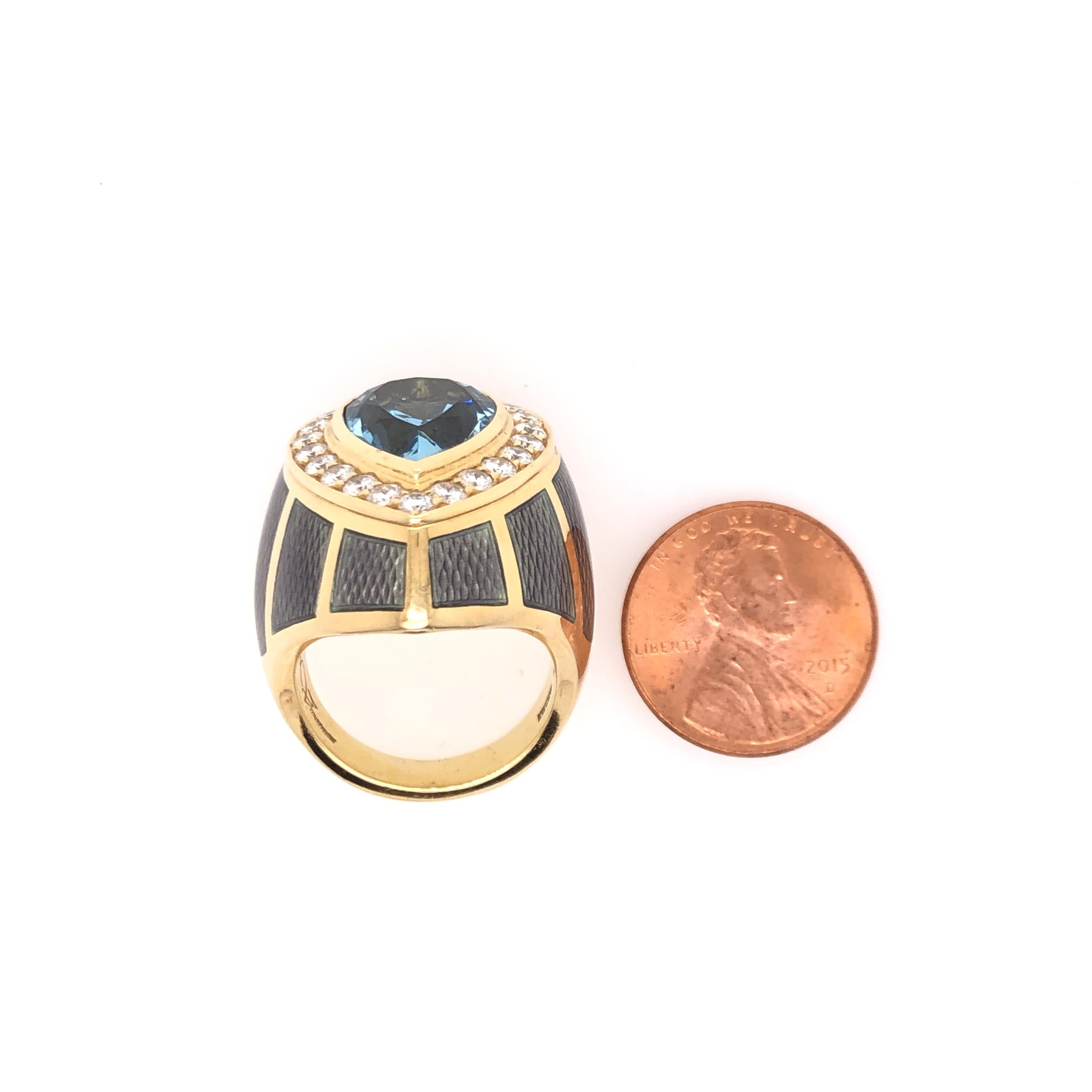 Pear Cut DeVroomen Pear Shaped Aquamarine Diamond and Gray Enamel Yellow Gold Ring