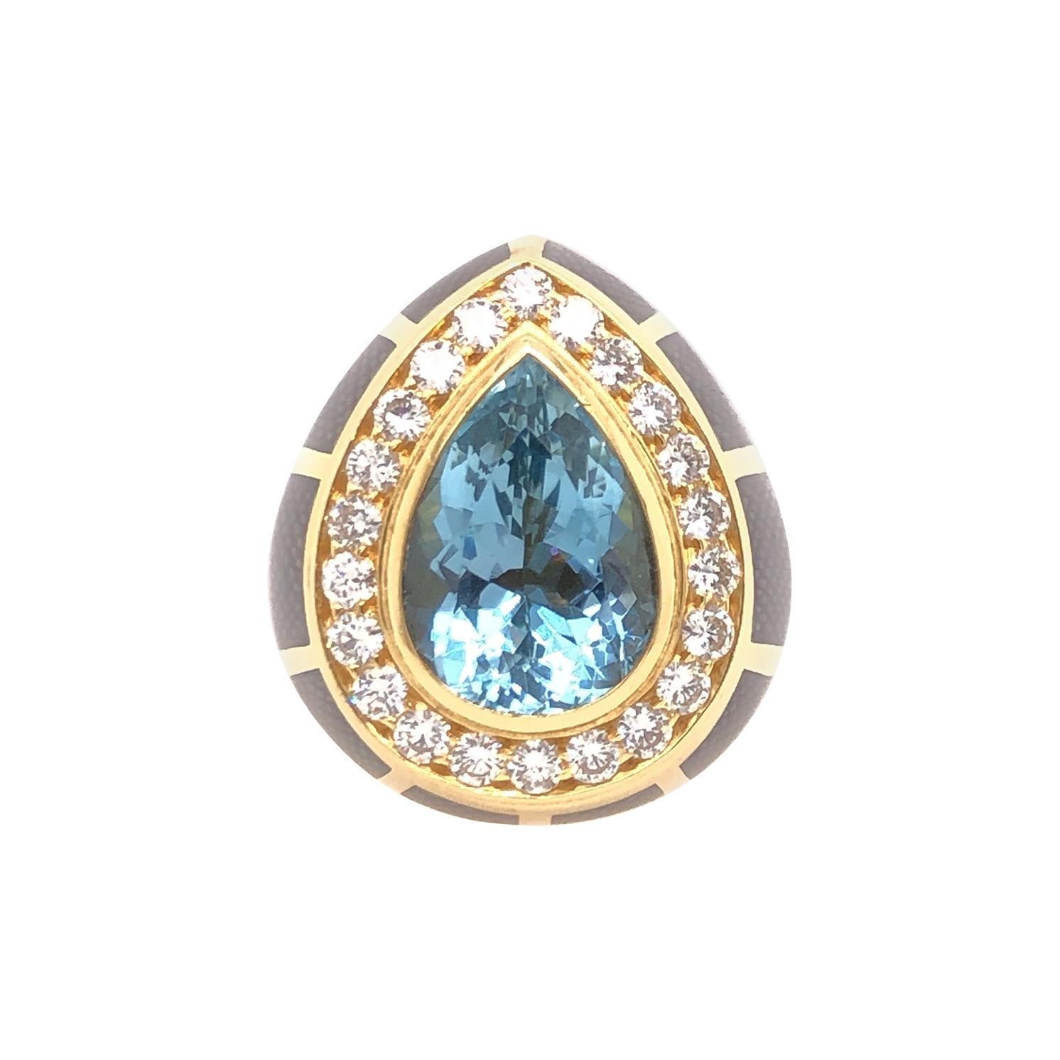 DeVroomen Pear Shaped Aquamarine Diamond and Gray Enamel Yellow Gold Ring