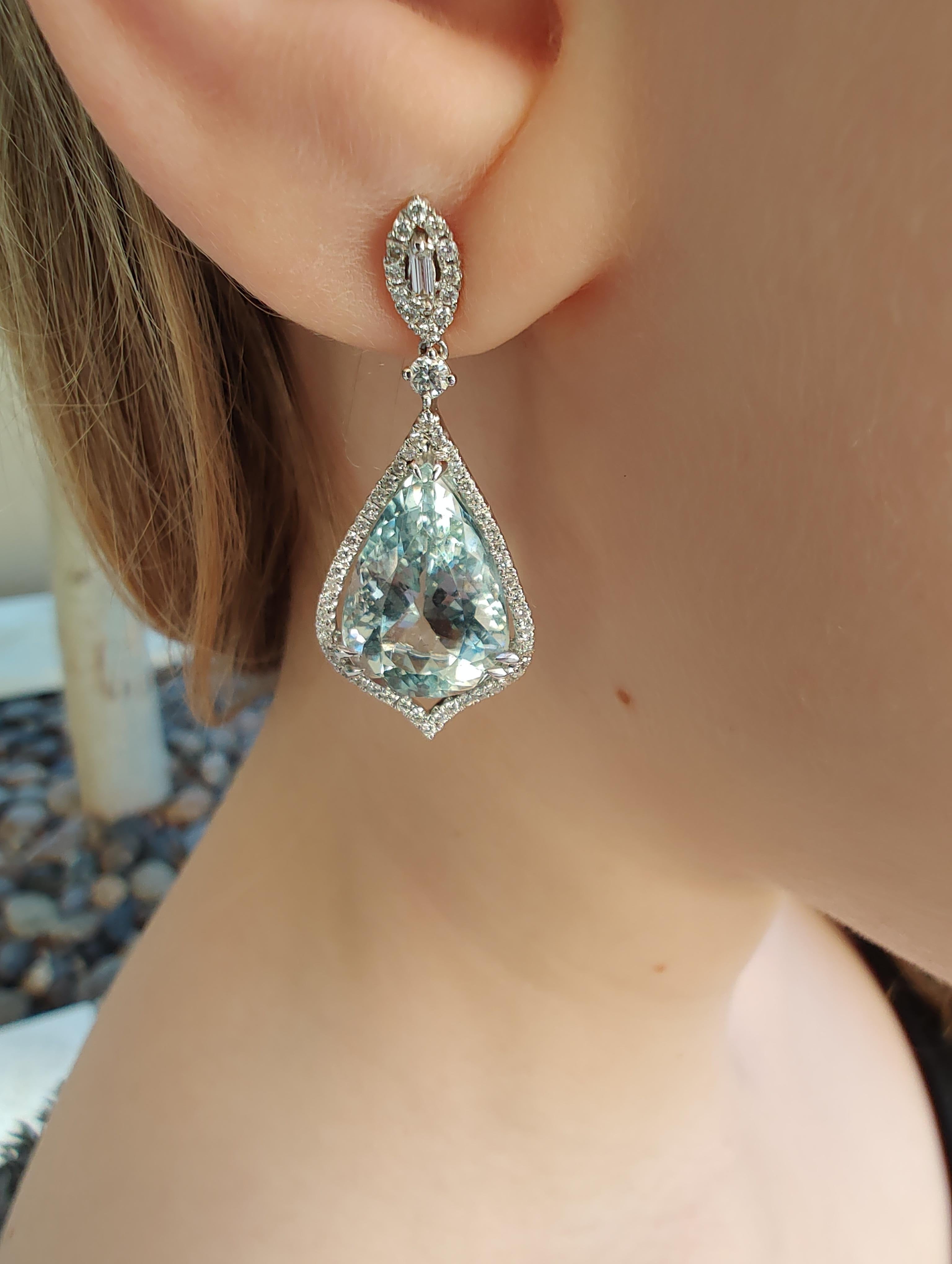 Artisan Pear Shaped Aquamarine Diamond Drop Earrings For Sale