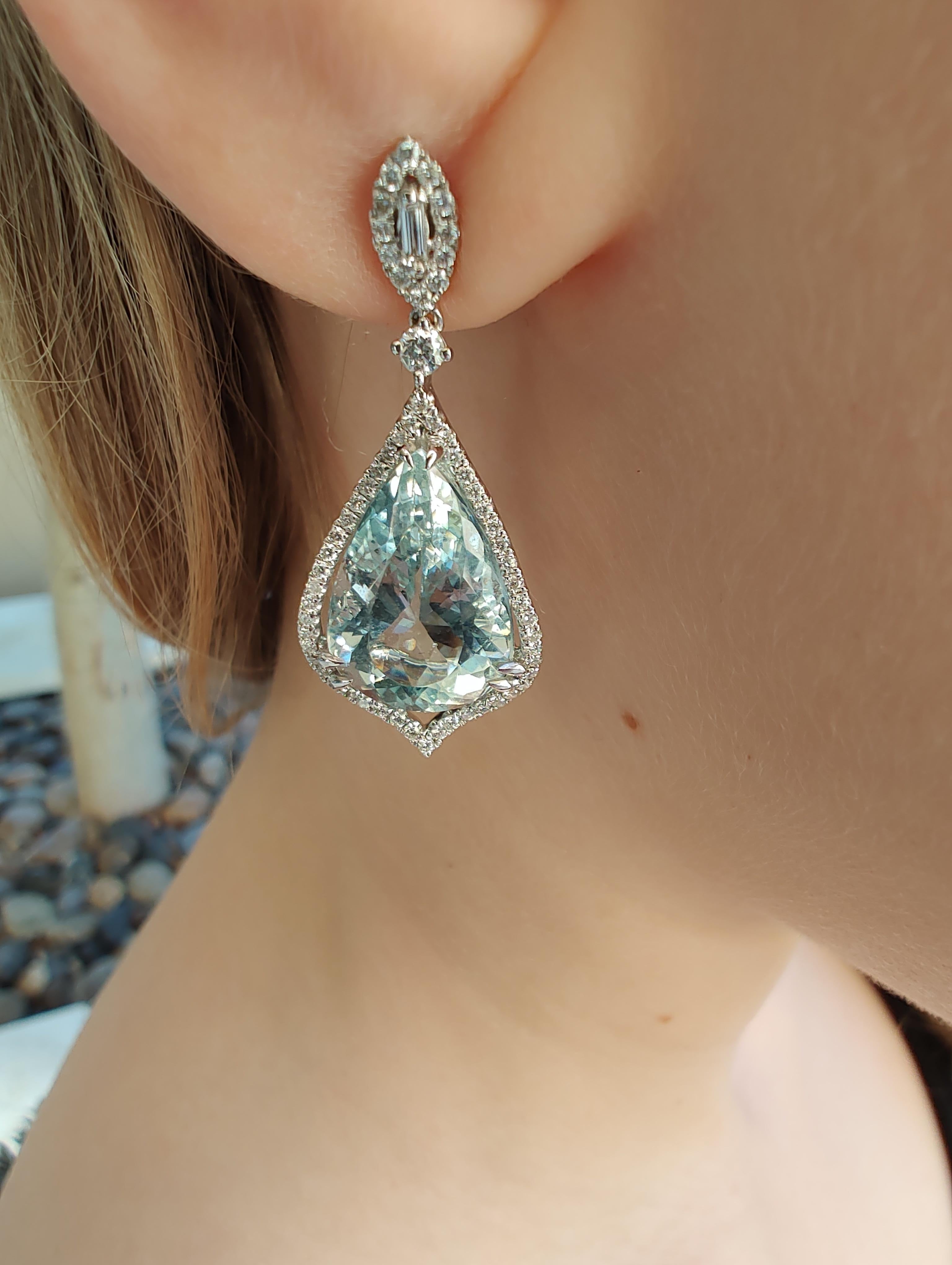 Pear Cut Pear Shaped Aquamarine Diamond Drop Earrings For Sale