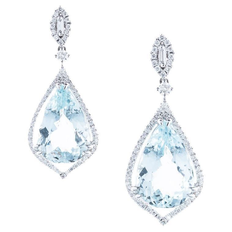 Pear Shaped Aquamarine Diamond Drop Earrings For Sale