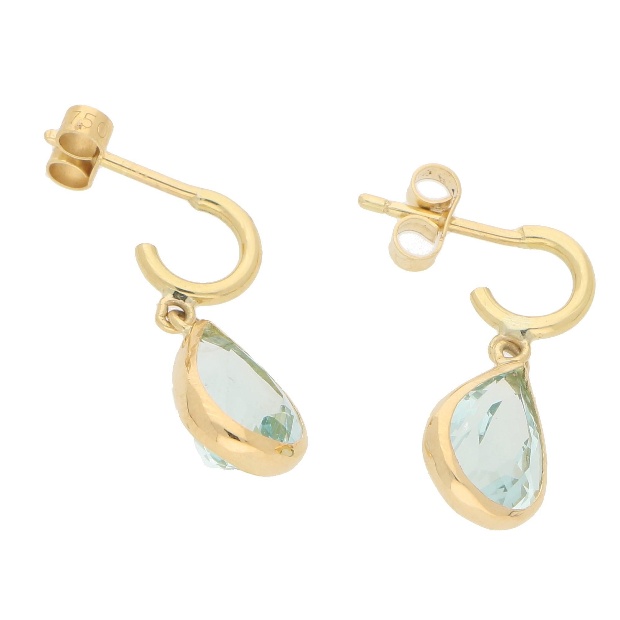 Modern Pear-Shaped Aquamarine Drop Half Hoop Earrings in 18 Karat Yellow Gold