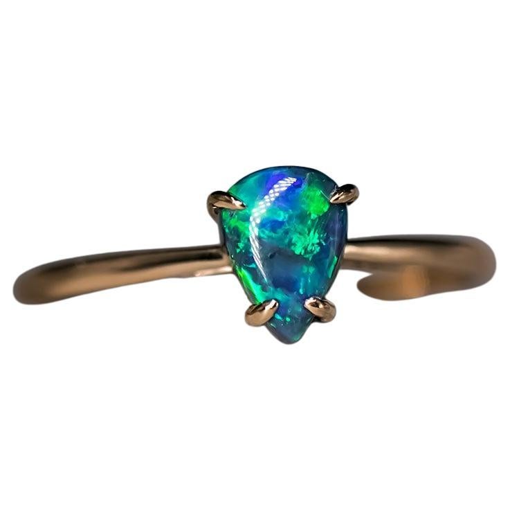 Pear Shaped Australian Black Opal Engagement Wedding Ring 18K Yellow Gold For Sale