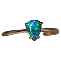 Pear Shaped Australian Black Opal Engagement Wedding Ring 18K Yellow Gold
