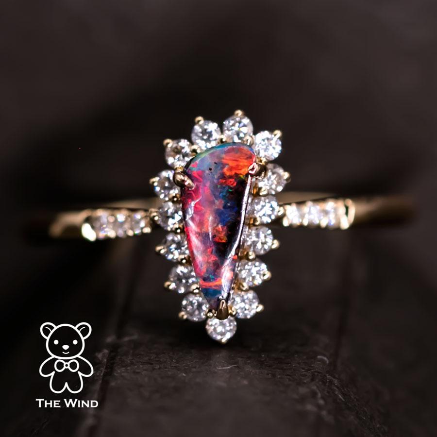 Pear Cut Pear Shaped Australian Boulder Opal Halo Diamond Engagement Wedding Ring 18K For Sale