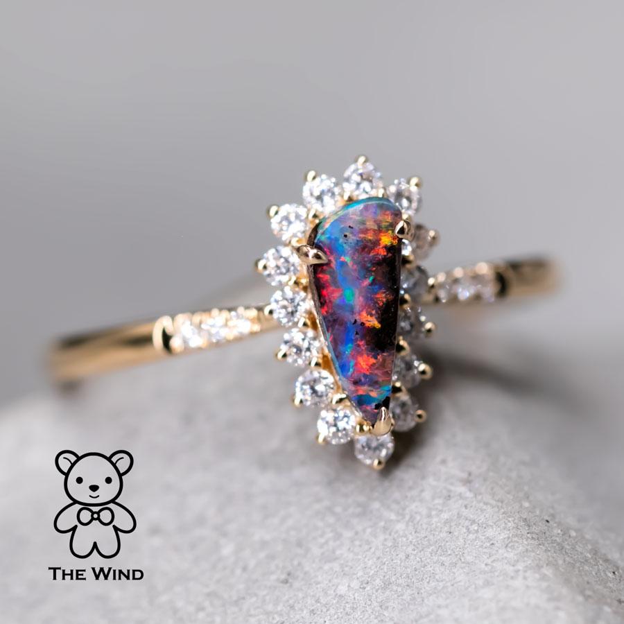 Pear Shaped Australian Boulder Opal Halo Diamond Engagement Wedding Ring 18K In New Condition For Sale In Suwanee, GA