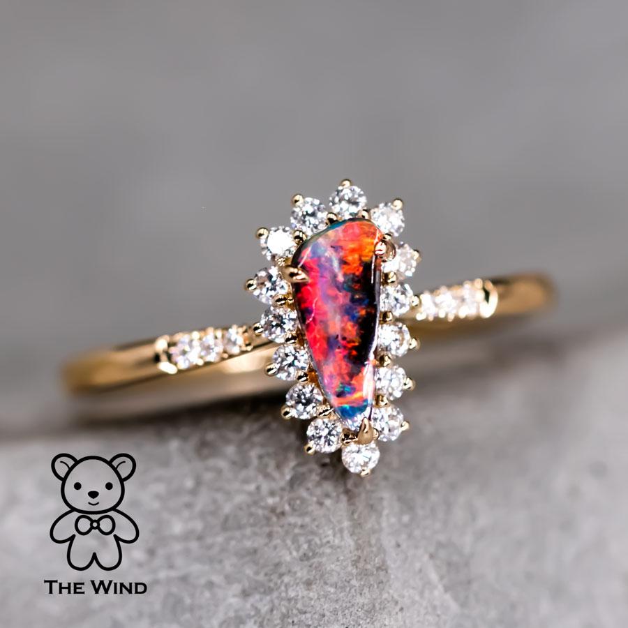 Women's Pear Shaped Australian Boulder Opal Halo Diamond Engagement Wedding Ring 18K For Sale