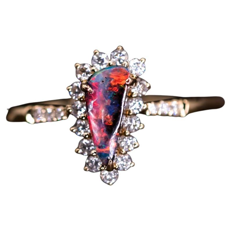 Pear Shaped Australian Boulder Opal Halo Diamond Engagement Wedding Ring 18K For Sale