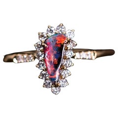 Used Pear Shaped Australian Boulder Opal Halo Diamond Engagement Wedding Ring 18K