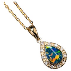 Pear Shaped Australian Doublet Opal Diamond Pendant Necklace 14k Yellow Gold