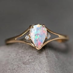 Pear Shaped Australian Solid Opal & Diamond Ring 14K Yellow Gold