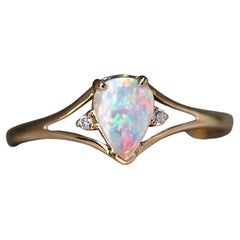 Pear Shaped Australian Solid Opal & Diamond Ring 14K Yellow Gold