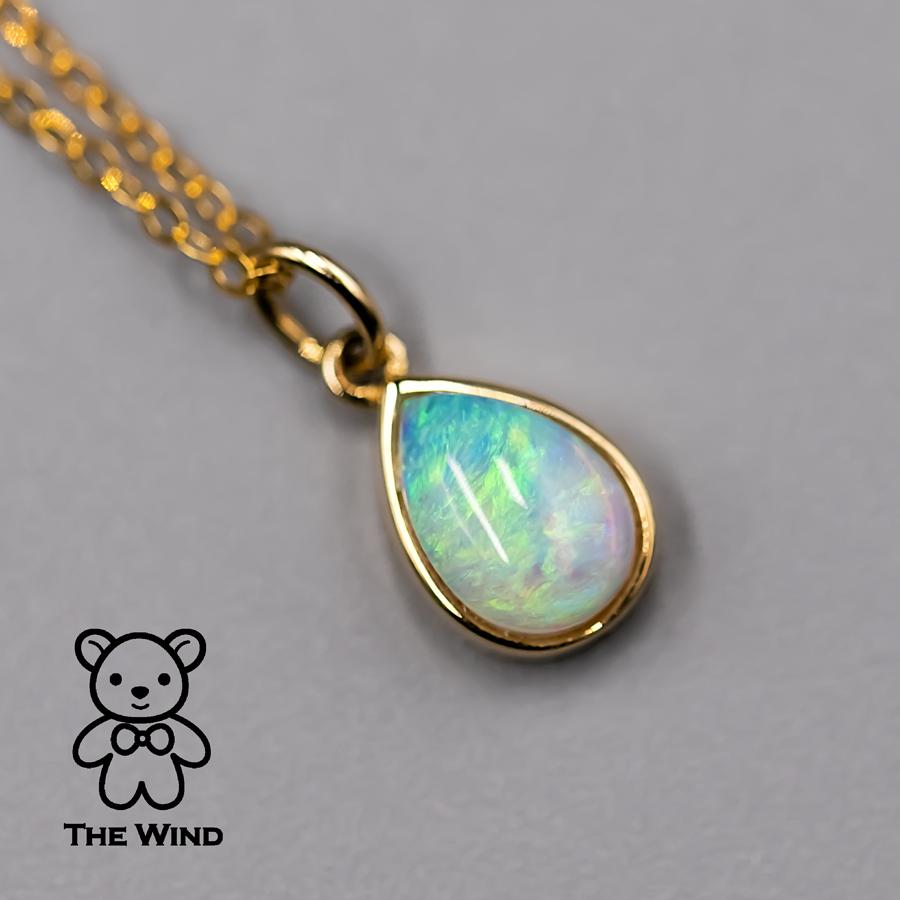 Pear Cut Pear Shaped Australian Solid Opal Necklace 14k Yellow Gold For Sale