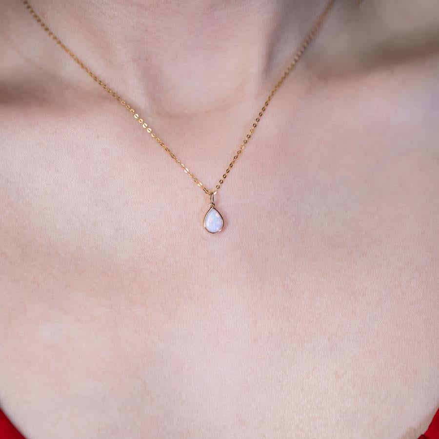 Arts and Crafts Pear Shaped Australian Solid Opal Necklace 14k Yellow Gold For Sale