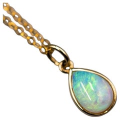 Pear Shaped Australian Solid Opal Necklace 14k Yellow Gold