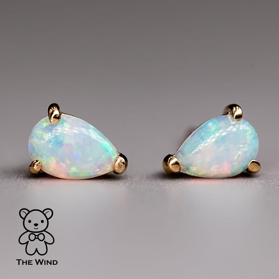 Arts and Crafts Pear Shaped Australian Solid Opal Stud Earrings 14K Yellow Gold For Sale